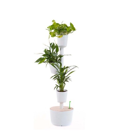 Self-watering white vertical planter with 3 pots