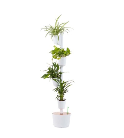 fioriera verticale bianca con piante depurative