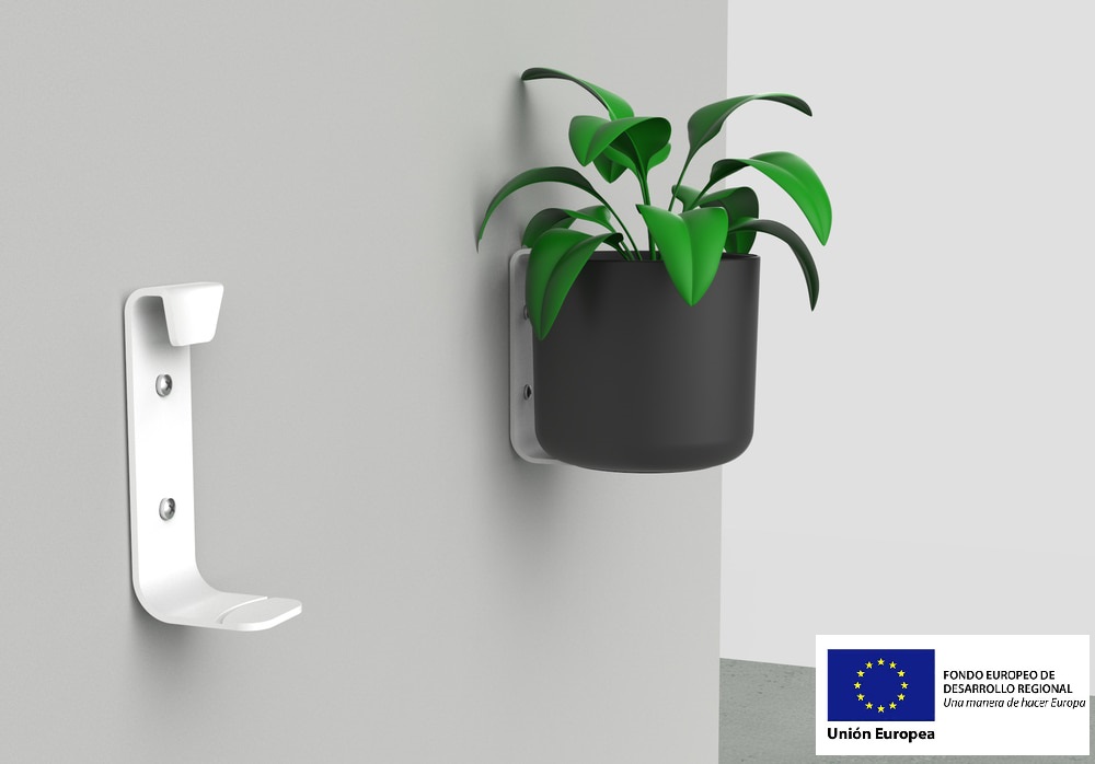 El sistema de colgado de macetas instalado en la pared con plantas, mostrando el producto final en uso y cómo enriquece el espacio viviente.
